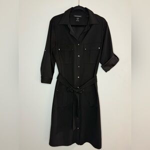 Ashley Stewart Black Shirt Dress Button Front Belted Midi Career Workwear